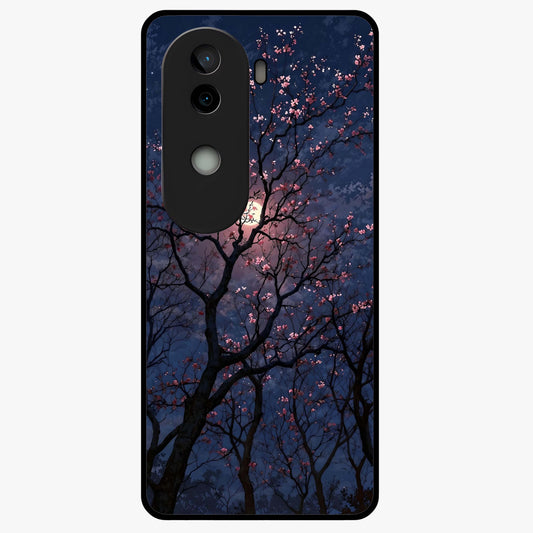 Twilight Sakura Serenade Glass Case showing flat back view with cherry blossom artwork at twilight and glossy glass finish.