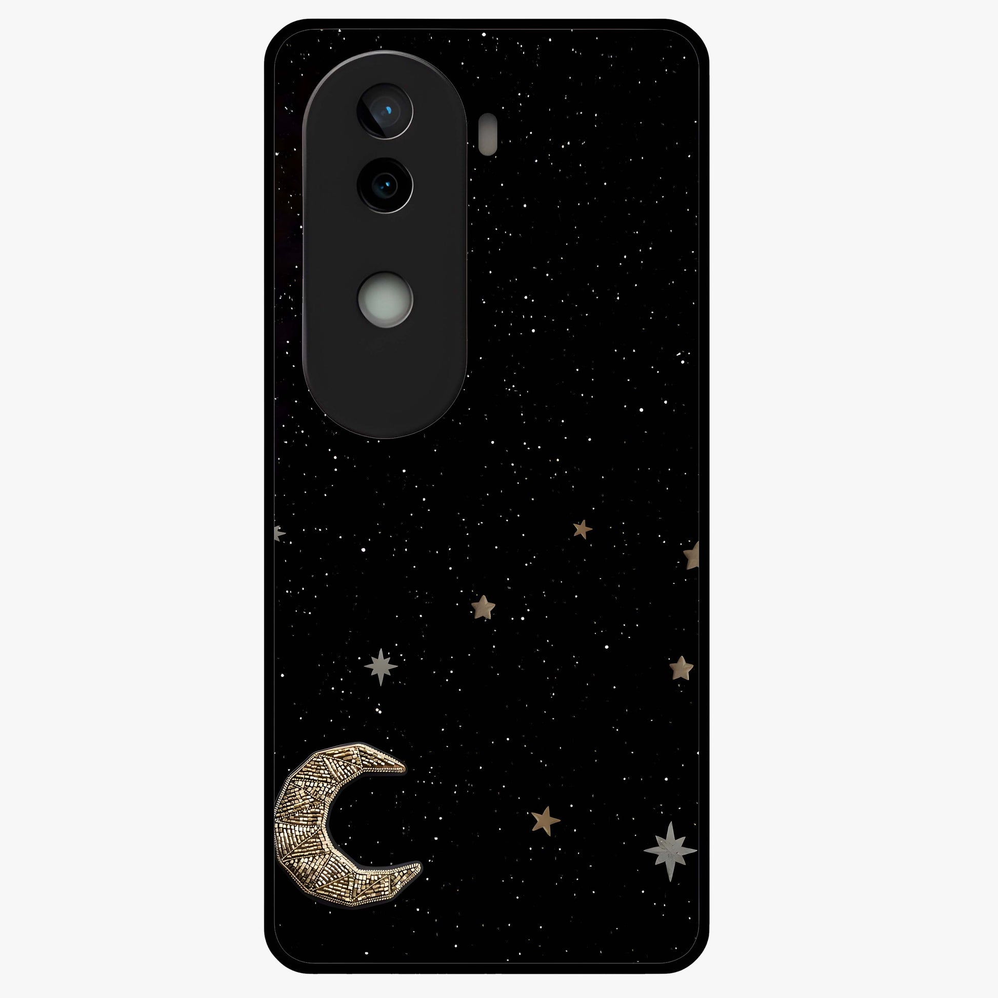 Twinkle Star With Half Moon Glass Case showing flat back view with star and half moon artwork and glossy glass finish.