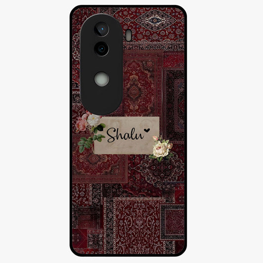 Velvet Wine Pattern Custom Name Glass Case showing flat back view with elegant wine colored pattern artwork and personalized name design.