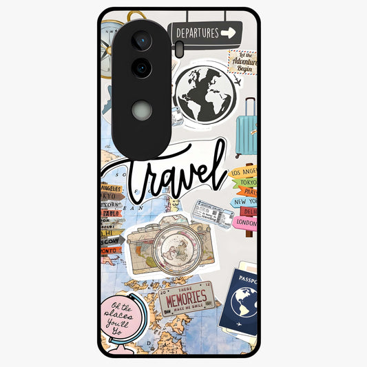Wanderlust Journal Glass Case showing flat back view with travel inspired artwork and glossy glass finish.
