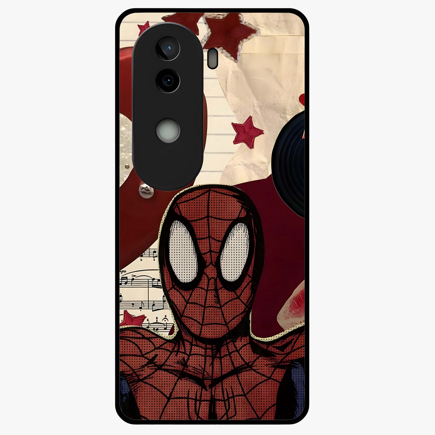Web Warrior Vibes Glass Case showing flat back view with superhero inspired web themed artwork and glossy glass finish.
