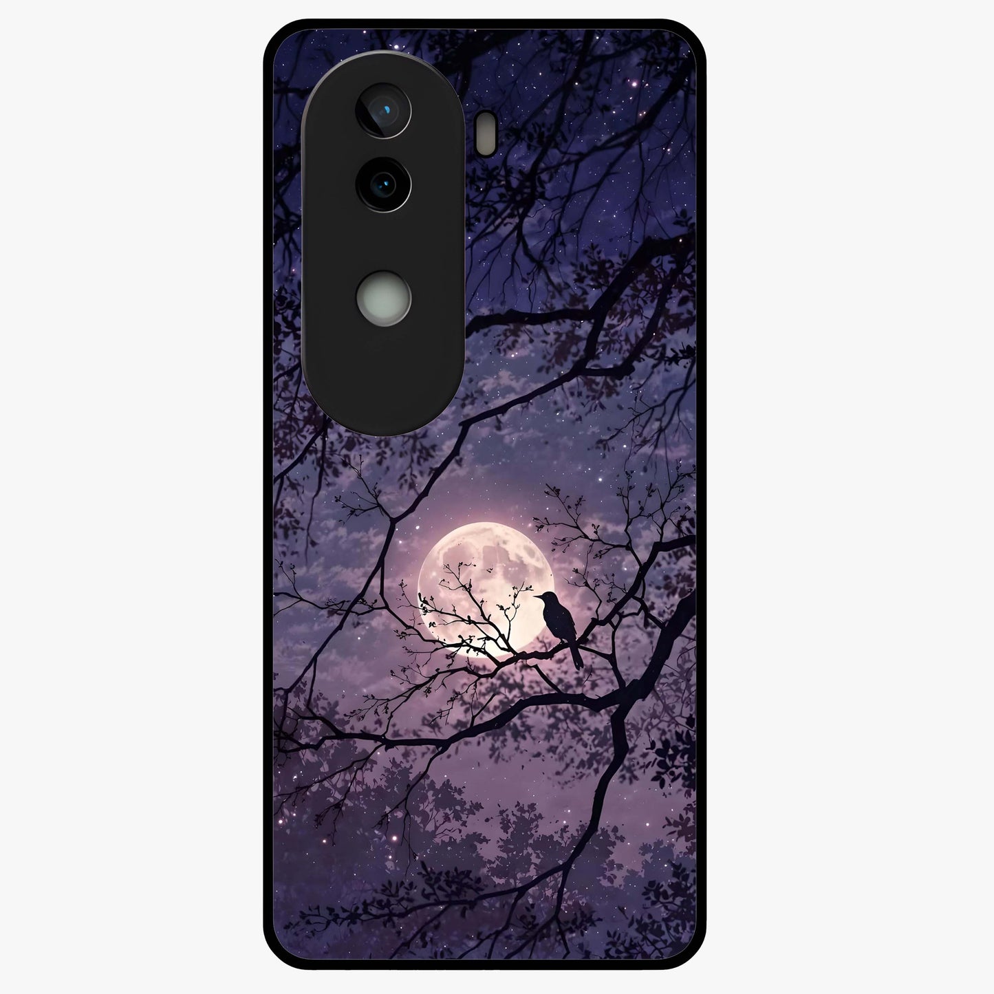 Whispering Moon Silence Glass Case showing flat back view with serene moon themed artwork and glossy glass finish.
