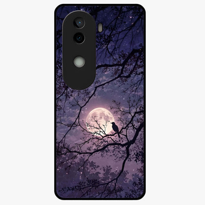 Whispering Moon Silence Glass Case showing flat back view with serene moon themed artwork and glossy glass finish.