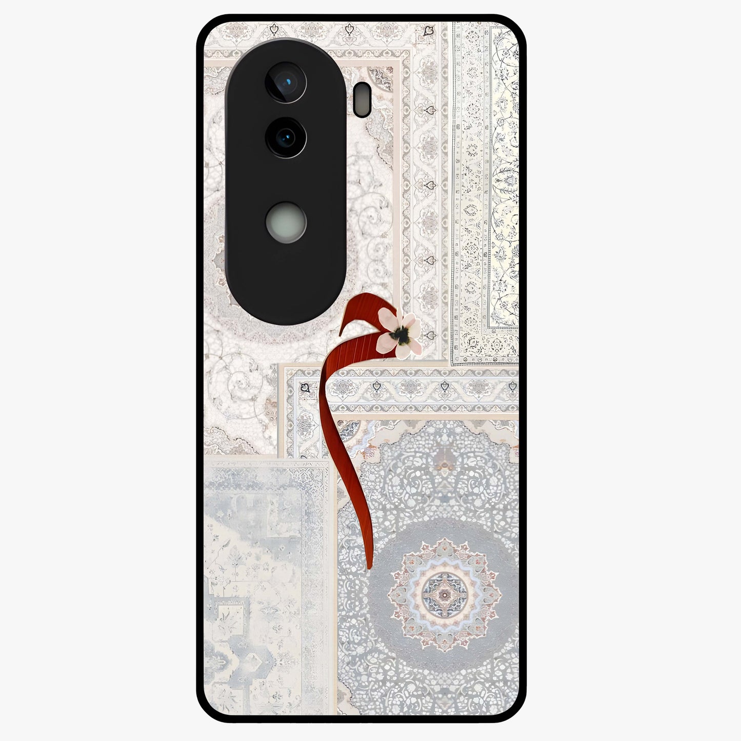 White Aesthetic Bow Glass Case showing flat back view with minimal bow artwork and glossy glass finish.