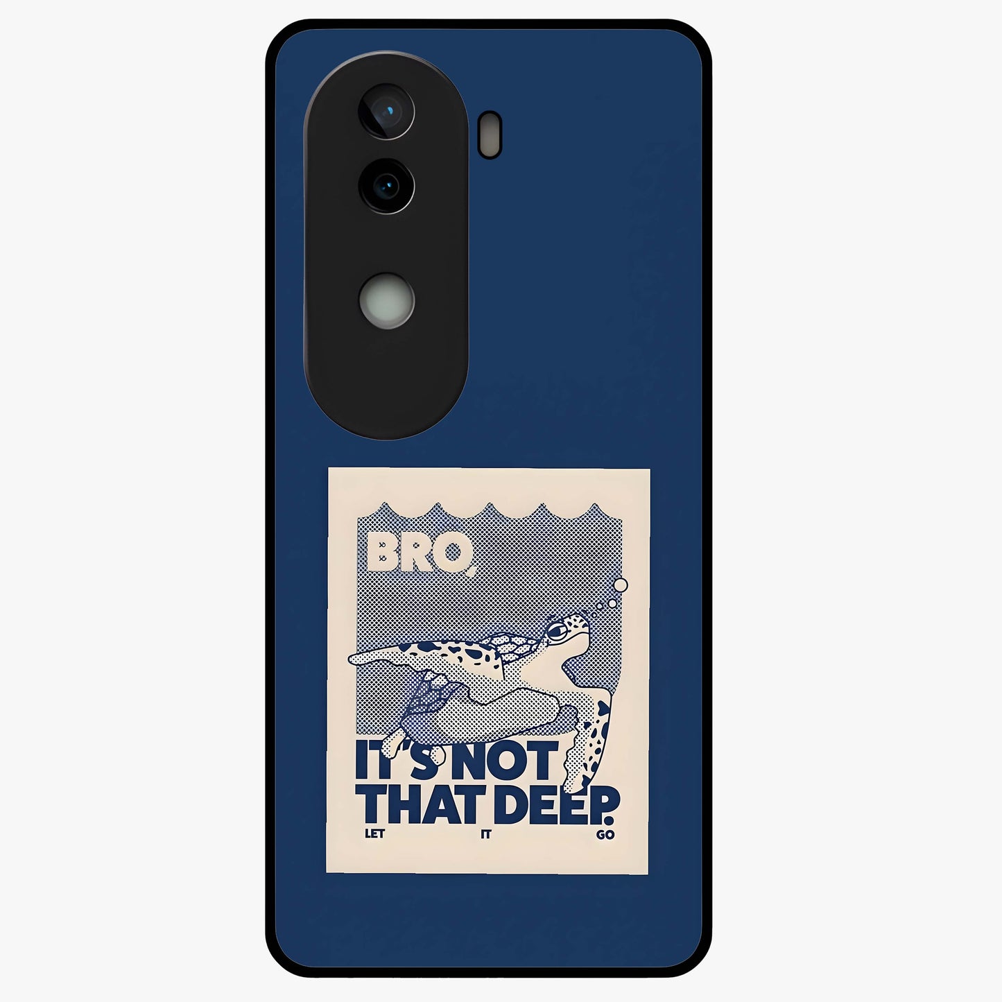 Worry Less Swim Glass Case showing flat back view with playful motivational artwork and glossy glass finish.