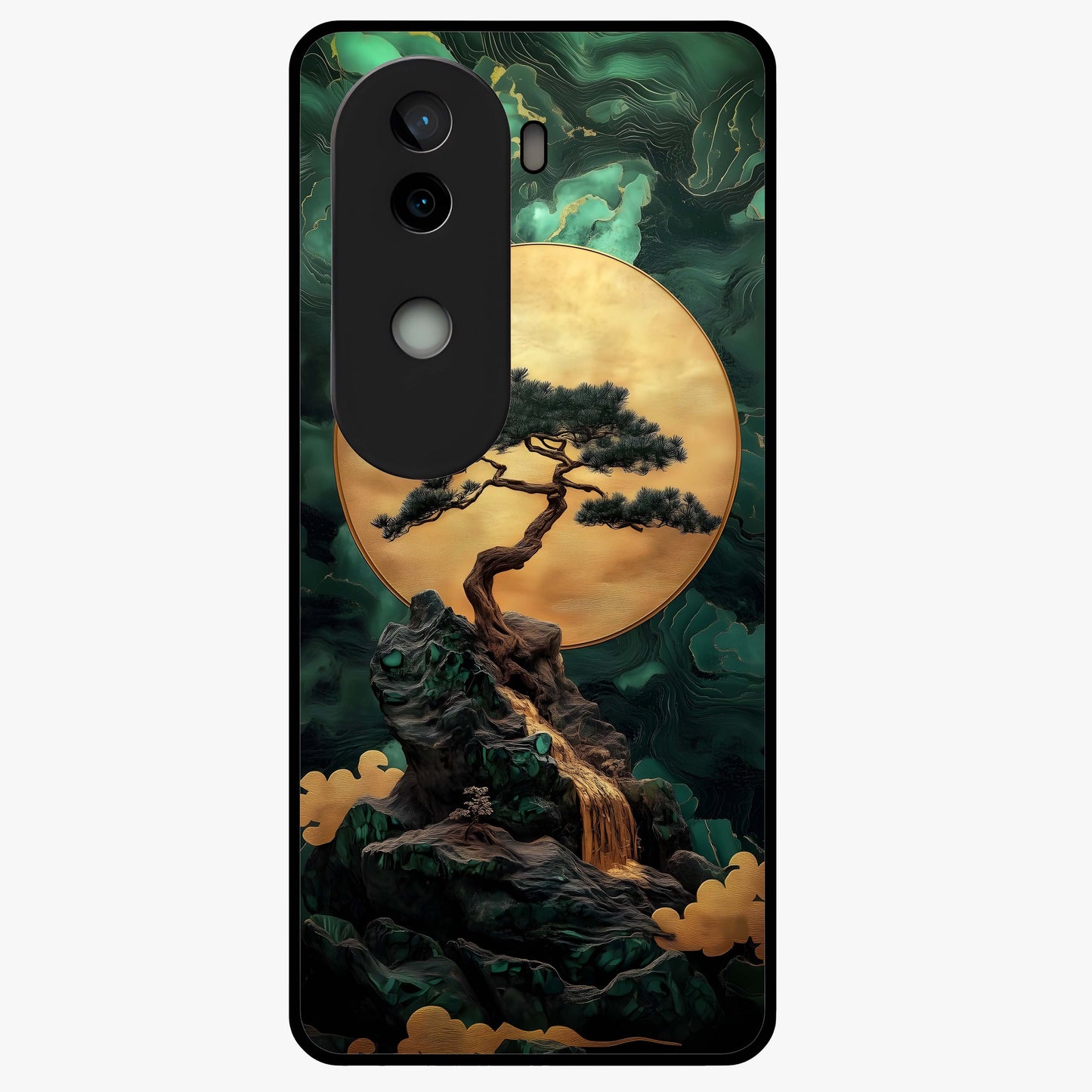 Zen Moon Rise Glass Case showing flat back view with calm moonrise artwork and glossy glass finish.