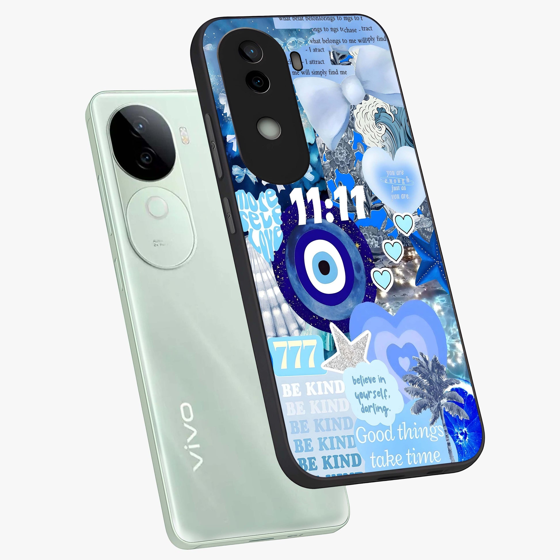 Aesthetic Be Kind Eye Glass Case displayed in angled mockup highlighting aesthetic eye design and inspirational vibe.