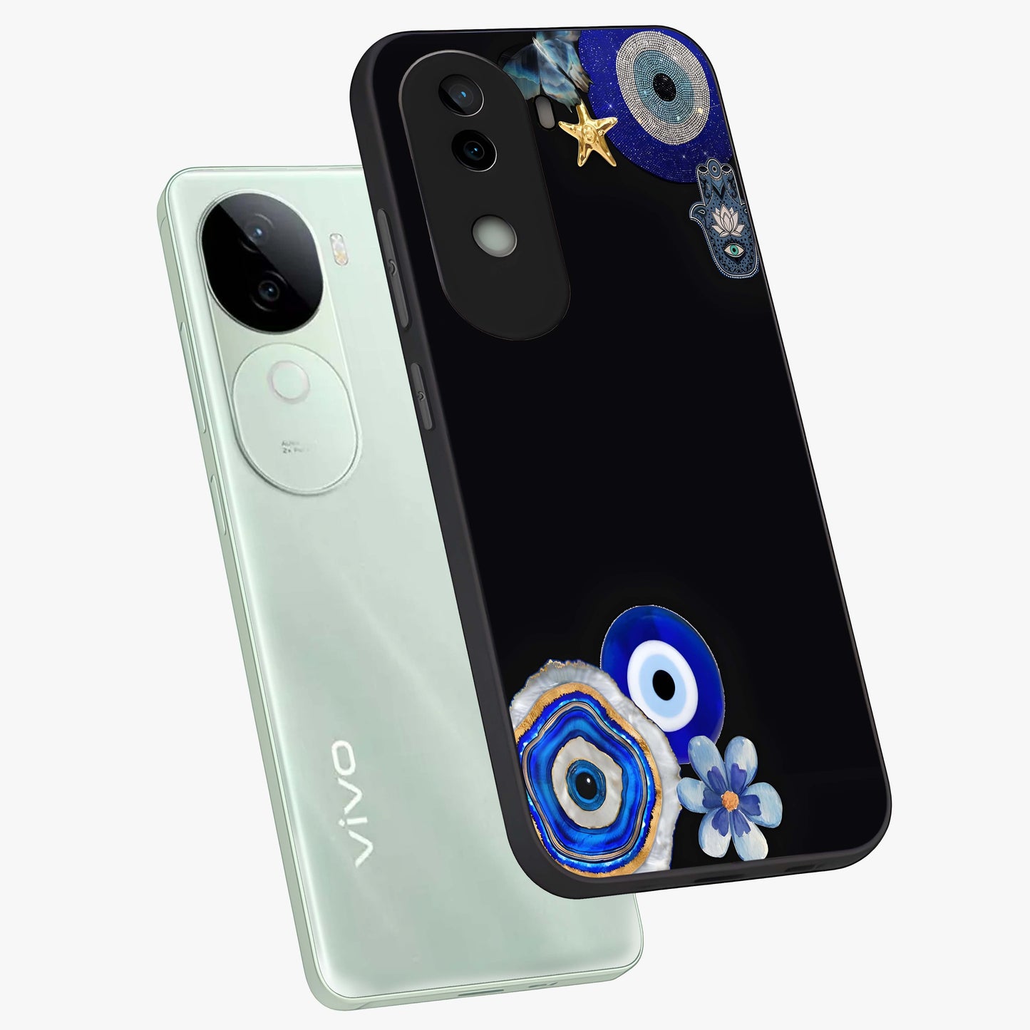 Aesthetic Blue Evil Eye Glass Case displayed in angled mockup highlighting blue evil eye symbol and spiritual aesthetic design.