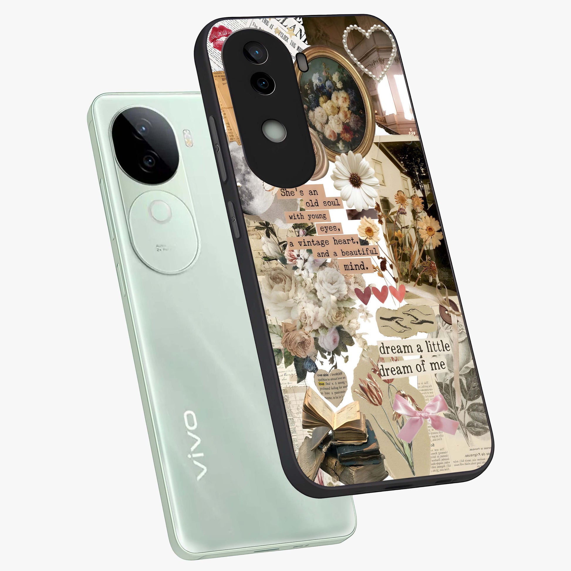 Aesthetic Brown Vintage Collage Glass Case displayed in angled mockup highlighting vintage aesthetic collage design.