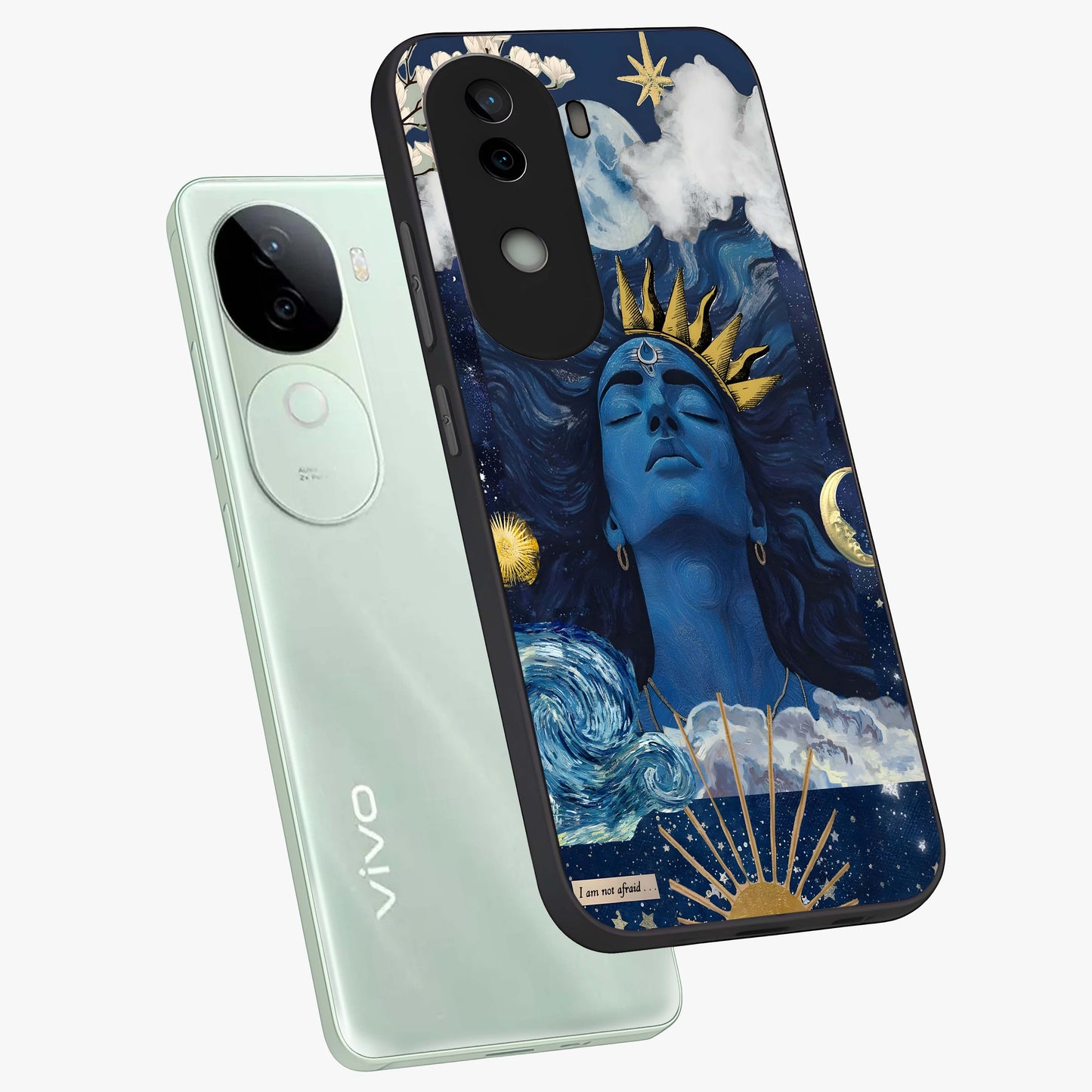 Aesthetic Lord Shiva Glass Case displayed in angled mockup highlighting spiritual Shiva illustration and sacred aesthetic design.