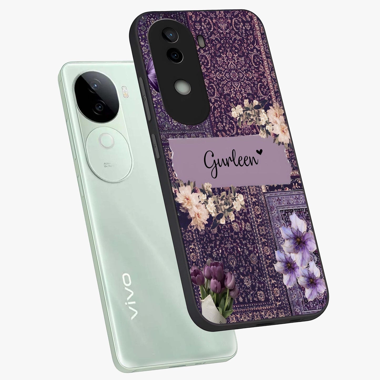 Antique Floral Whisper Custom Name Glass Case displayed in angled mockup highlighting elegant antique floral aesthetic.