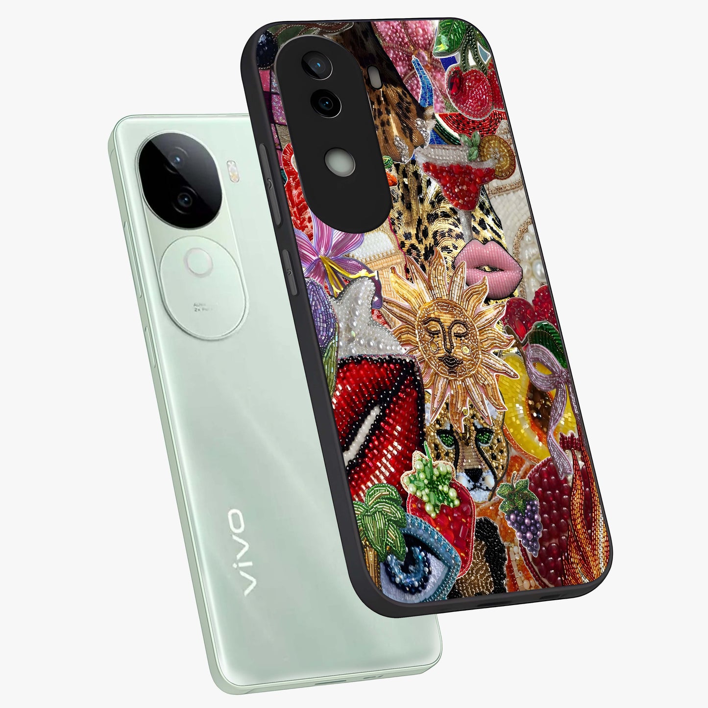 Beaded Fashion Jungle Glass Case displayed in angled mockup highlighting colorful fashion bead design and artistic pattern.