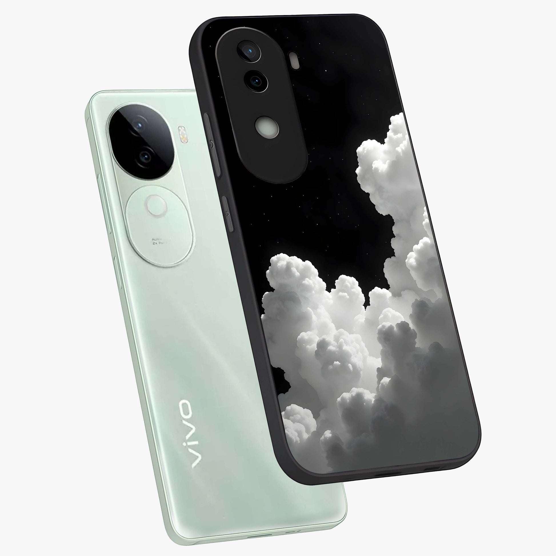 Black Background With White Cloud Glass Case displayed in angled mockup highlighting soft white cloud illustration and minimal design.