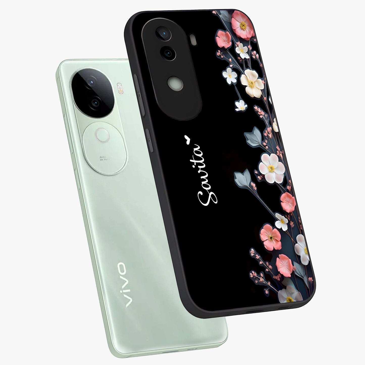 Black Elegance Floral Custom Name Glass Case displayed in angled mockup highlighting dark floral aesthetic and custom name feature.
