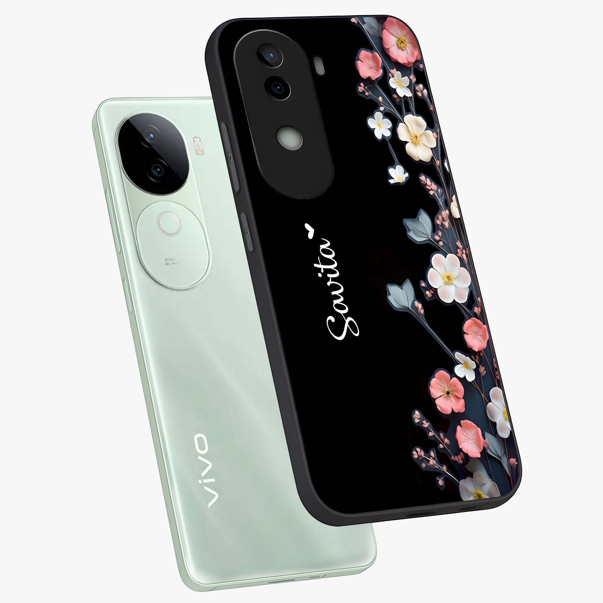 Black Elegance Floral Custom Name Glass Case displayed in angled mockup highlighting dark floral aesthetic and custom name feature.