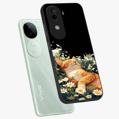 Blissful Bloom Cat Glass Case displayed in angled mockup highlighting playful feline illustration with soft floral aesthetic.