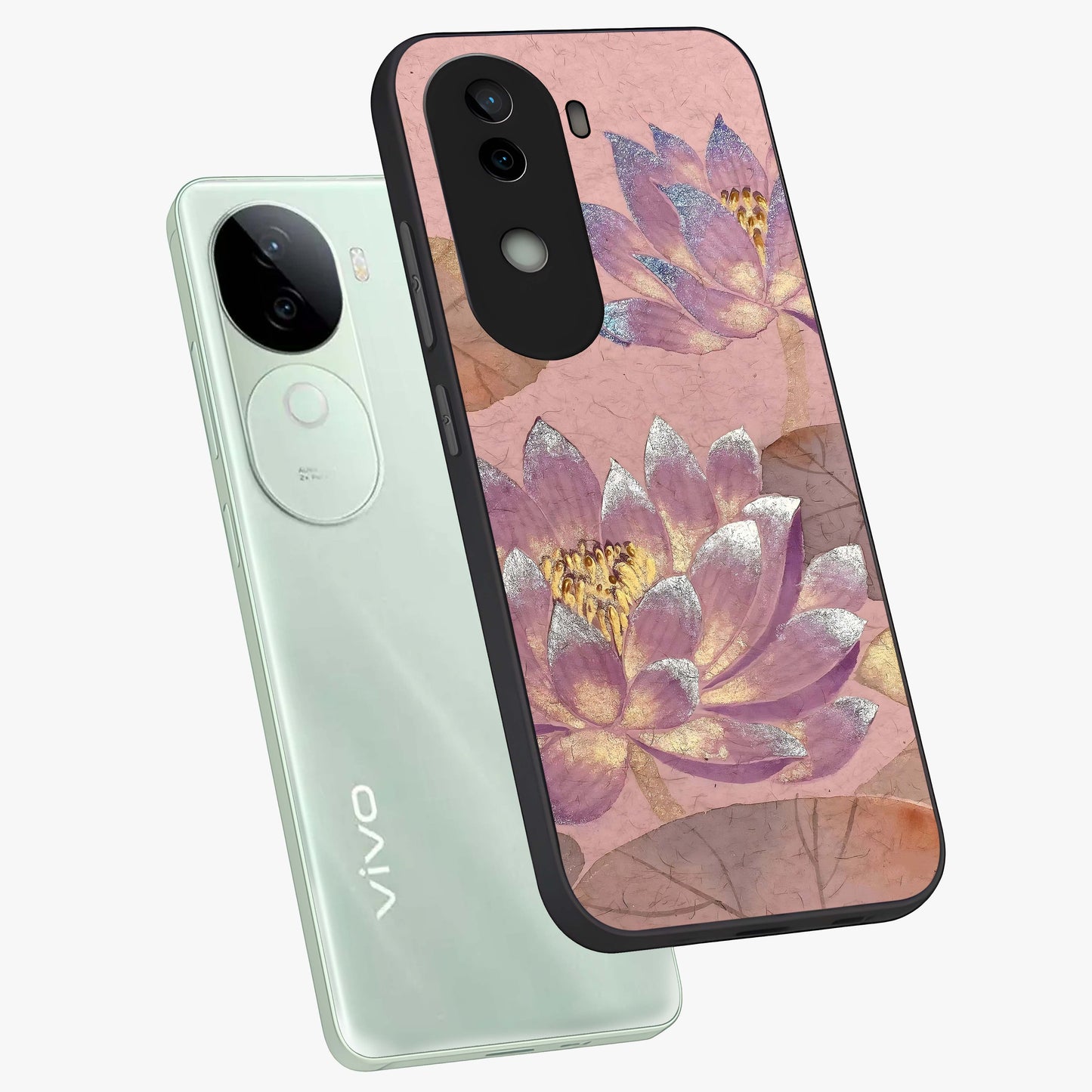 Blossom Mist Lotus Glass Case displayed in angled mockup highlighting delicate lotus illustration with calm aesthetic theme.