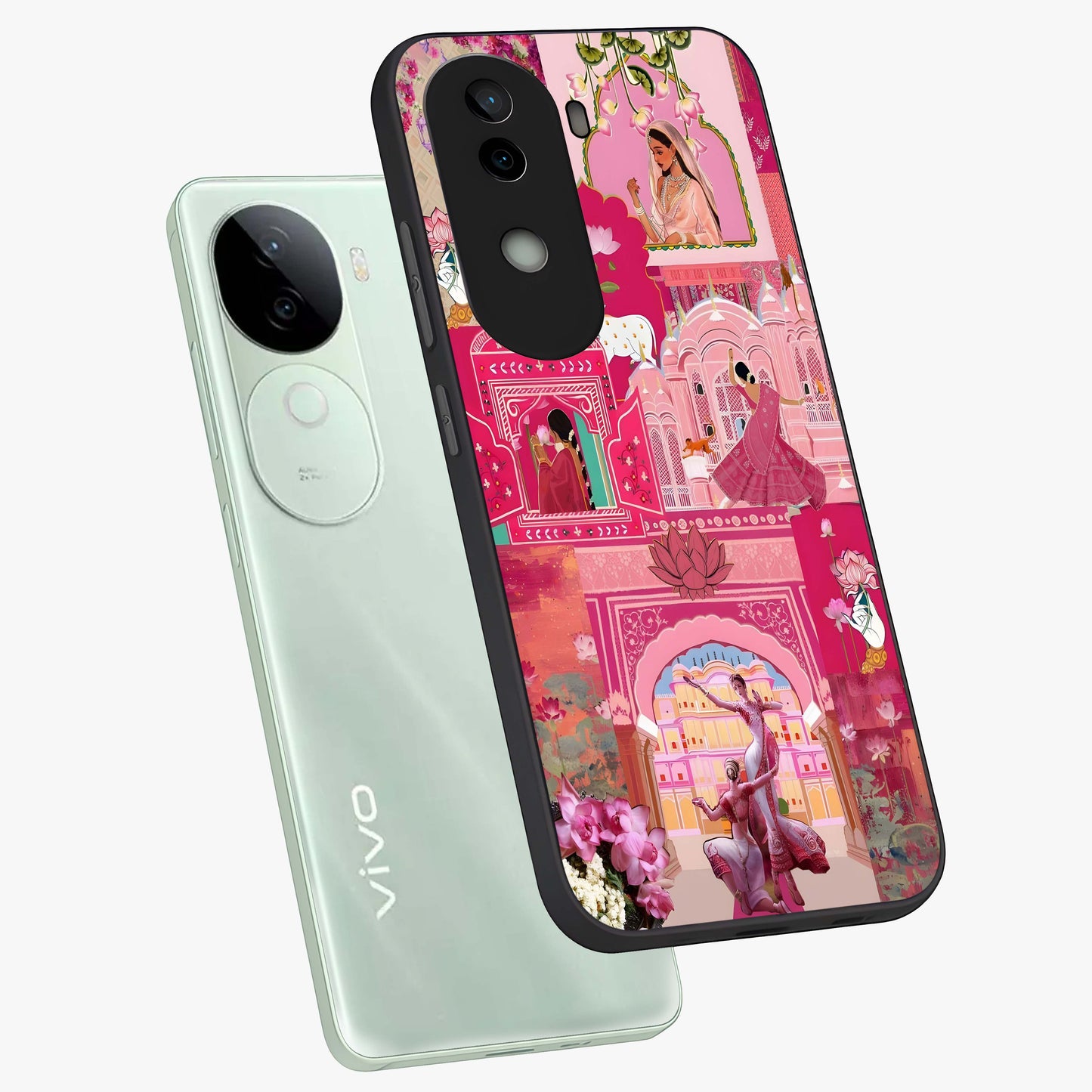 Blossoms of Rajasthan Glass Case displayed in angled mockup highlighting vibrant floral pattern with cultural aesthetic style.