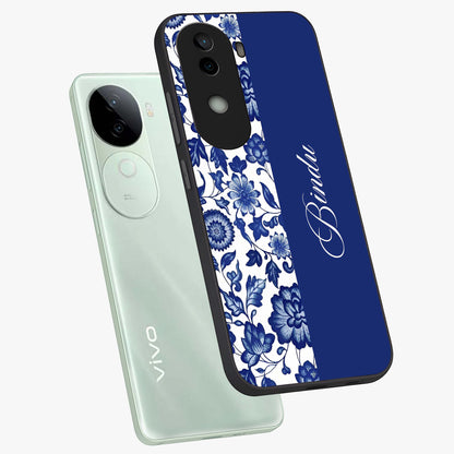Blue Vintage Floral Pattern Glass Case displayed in angled mockup highlighting subtle bloom pattern with aesthetic pastel design.
