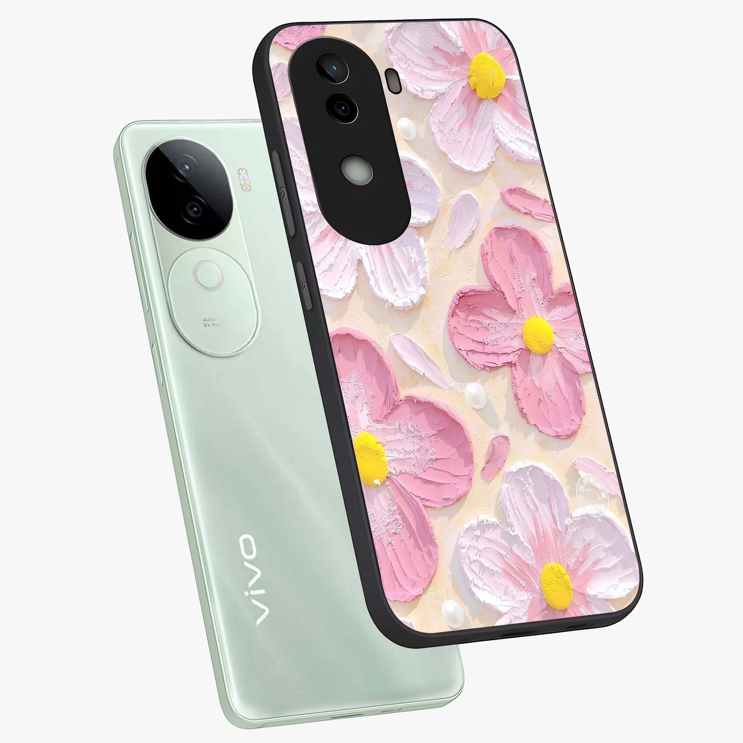 Blush Bloom Texture Glass Case displayed in angled mockup highlighting subtle bloom pattern with aesthetic pastel design.