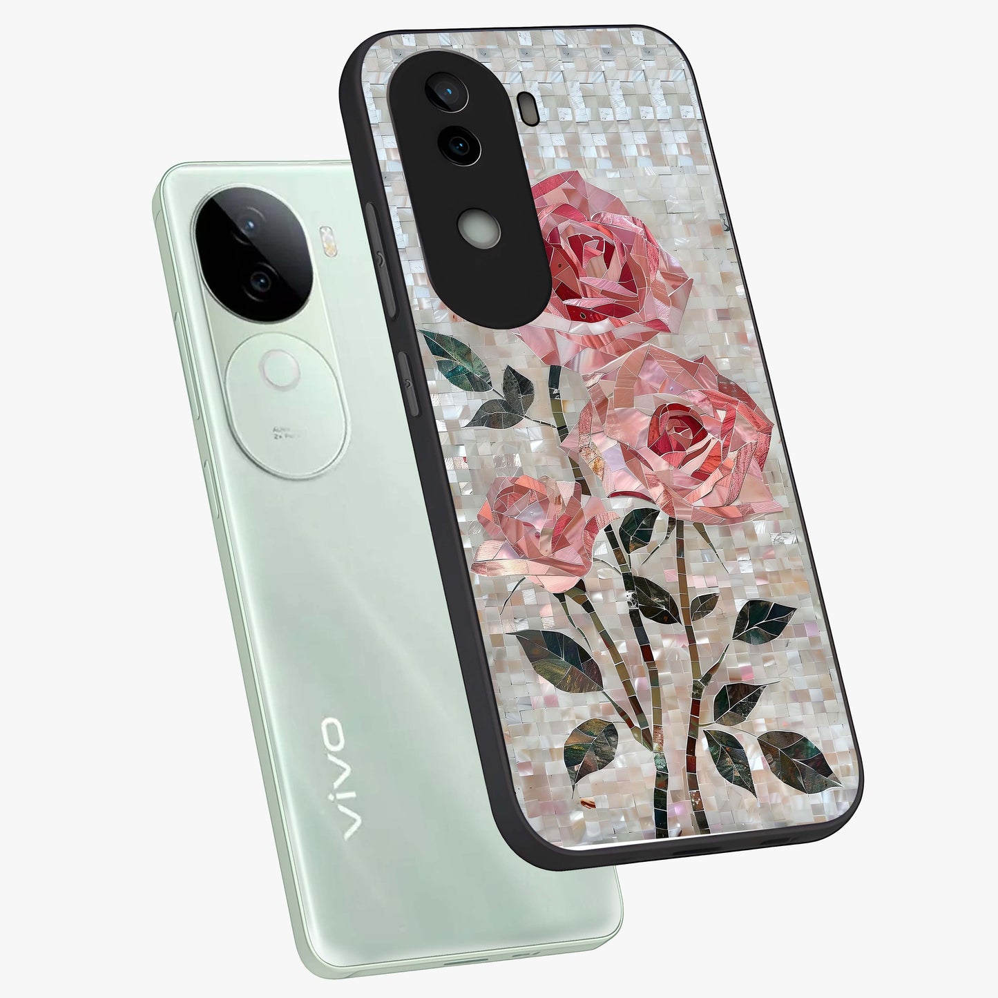 Blush Mosaic Bloom Glass Case displayed in angled mockup highlighting artistic mosaic flower pattern with aesthetic design.