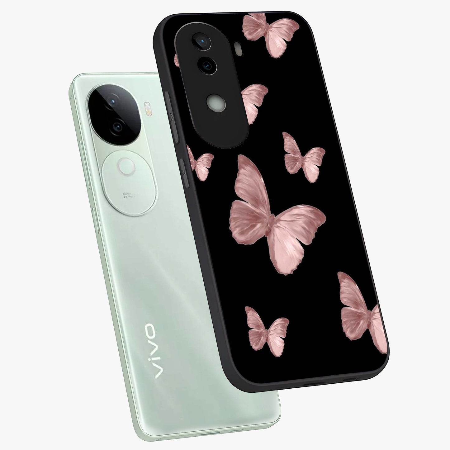 Butterfly Pattern Glass Case displayed in angled mockup highlighting delicate butterfly design and aesthetic pattern style.