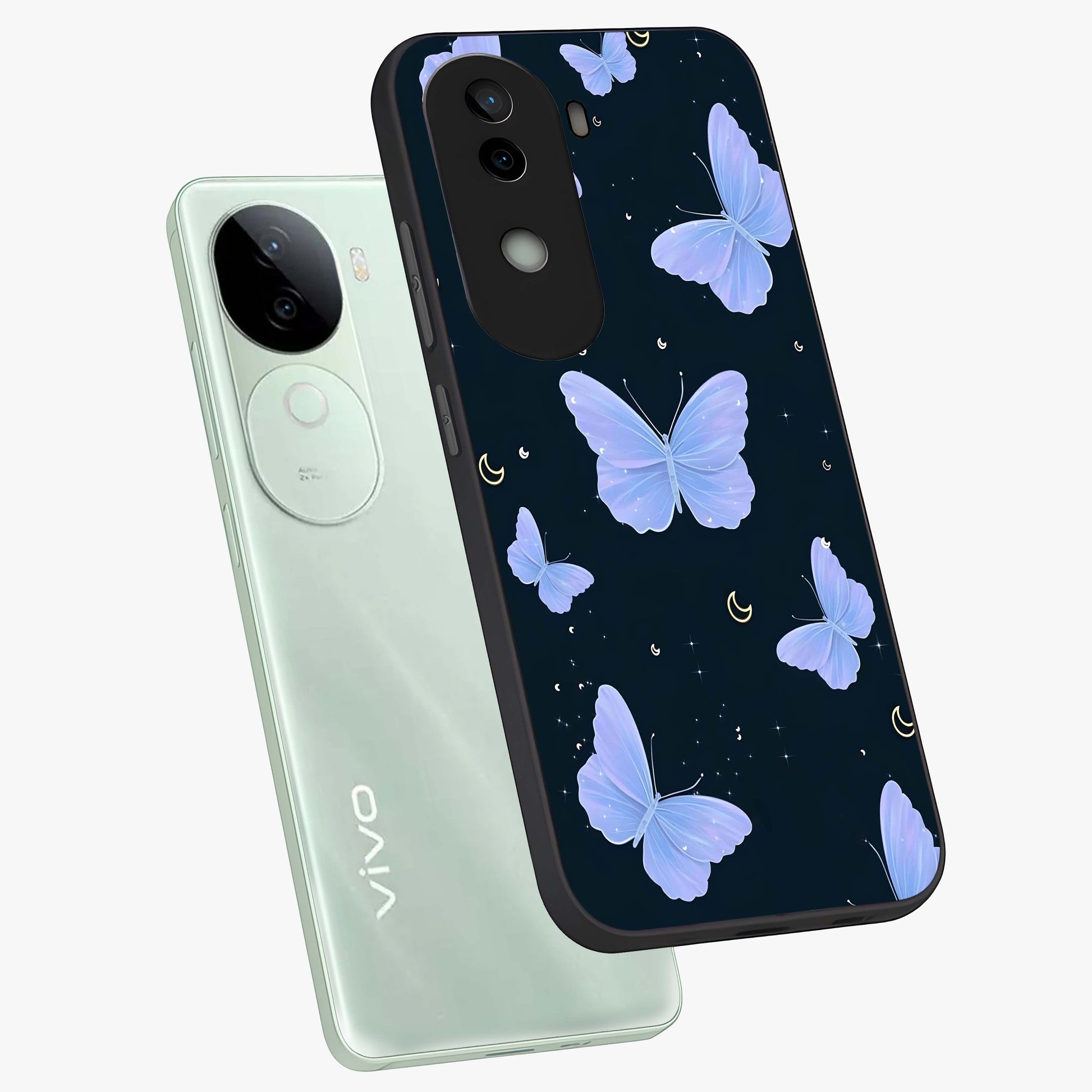 Butterfly With Stars Pattern Glass Case displayed in angled mockup highlighting dreamy butterfly and star design with aesthetic theme.