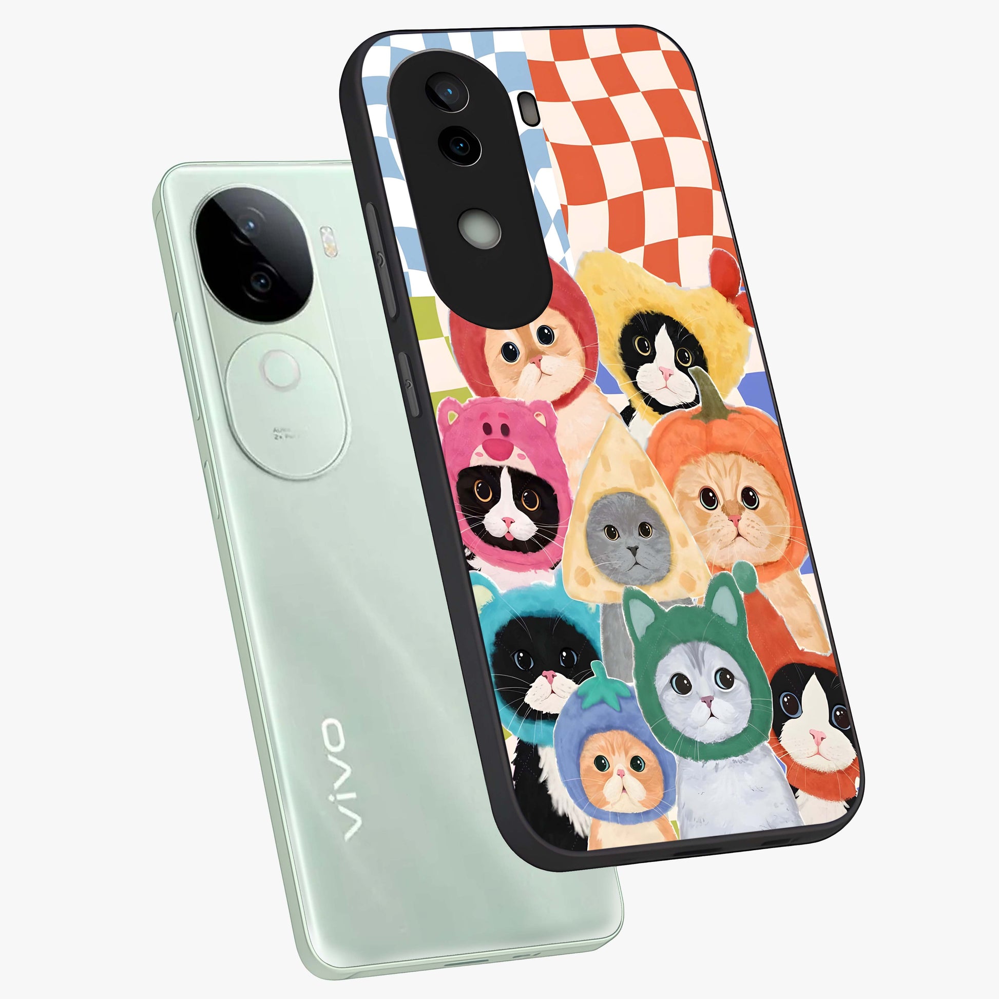 Cats in Fruits Glass Case displayed in angled mockup highlighting cute feline fruit design with colorful aesthetic style.