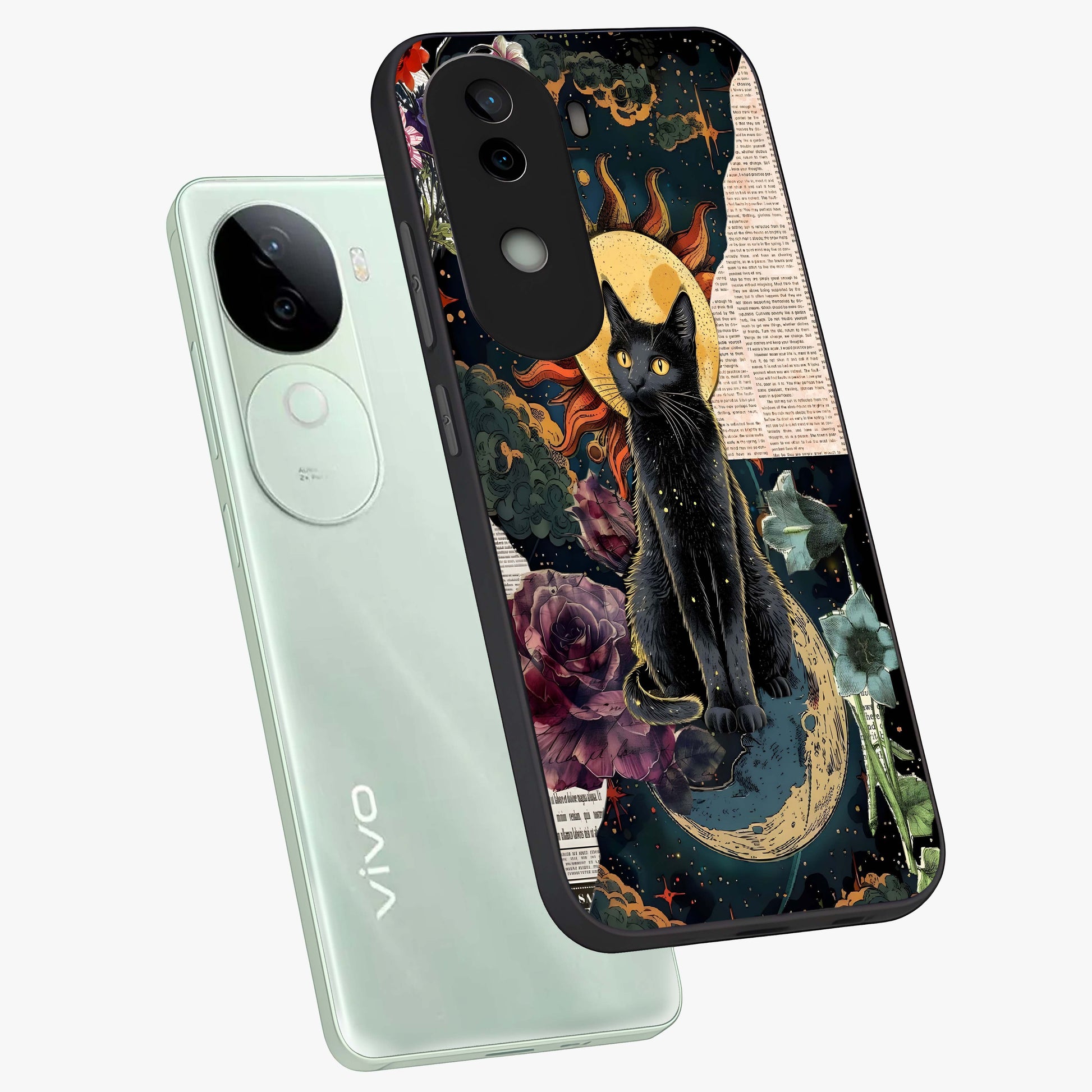 Celestial Black Cat Glass Case displayed in angled mockup highlighting cosmic black cat design with celestial aesthetic.