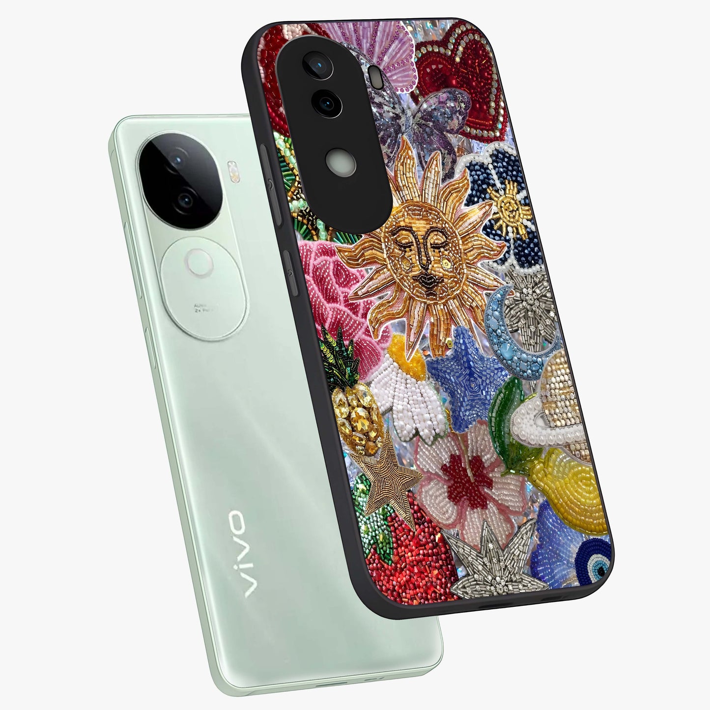 Celestial Floral and Playful Glass Case displayed in angled mockup highlighting playful floral design with dreamy celestial elements.