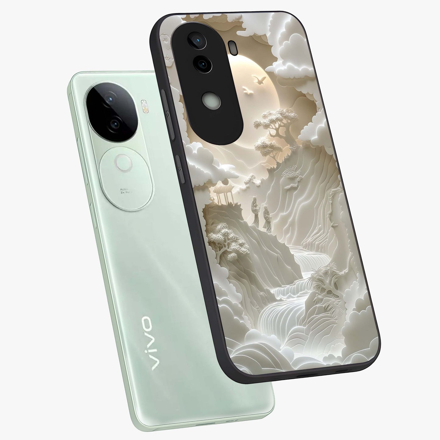 Celestial Origami Glass Case displayed in angled mockup highlighting geometric origami design with cosmic aesthetic theme.