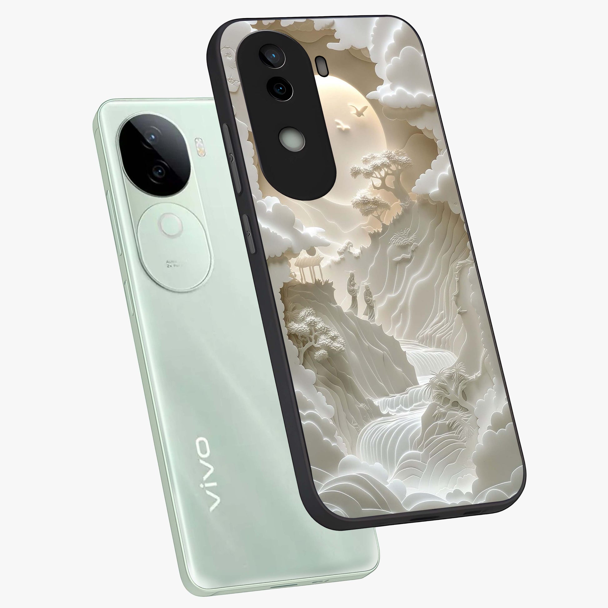 Celestial Origami Glass Case displayed in angled mockup highlighting geometric origami design with cosmic aesthetic theme.