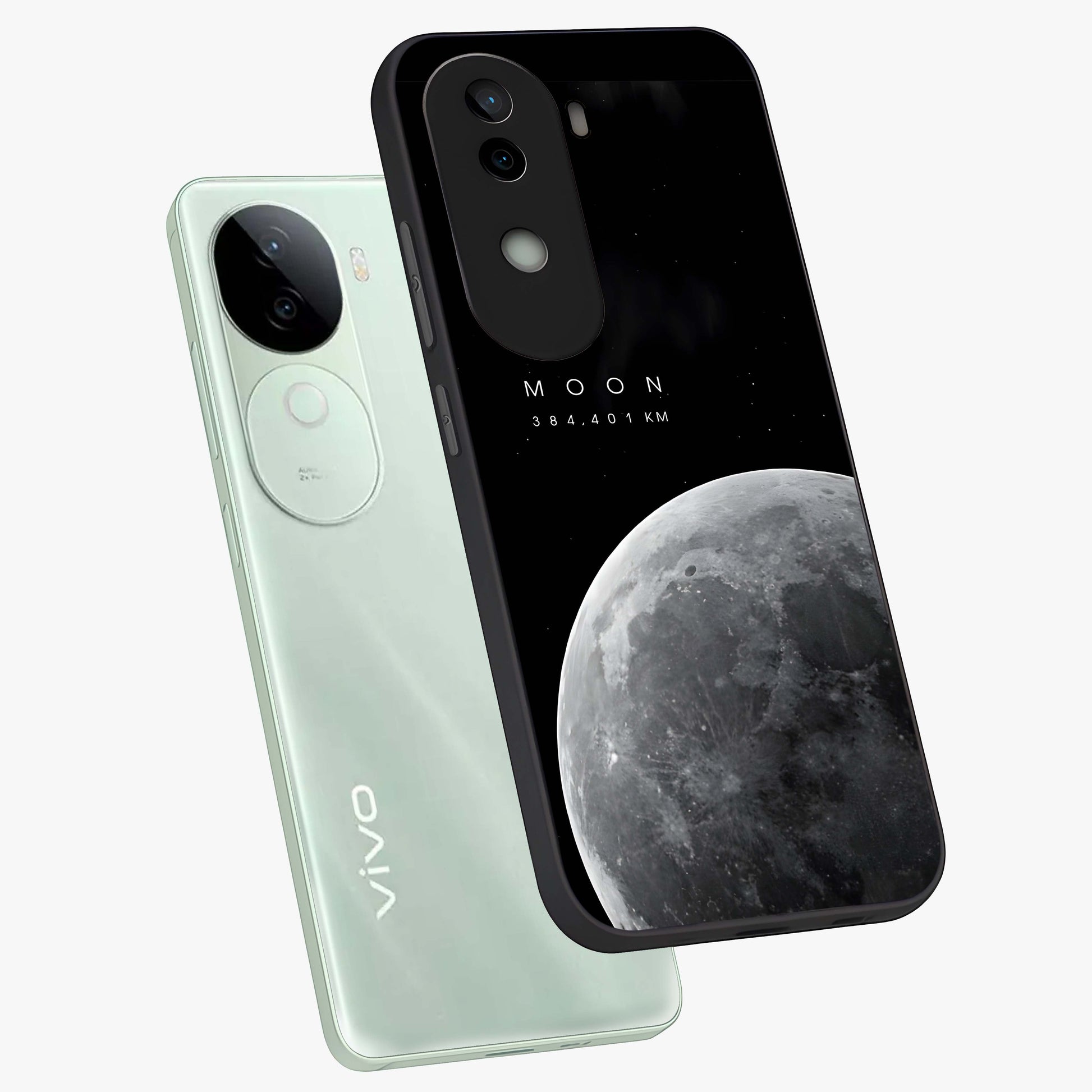 Cosmic Moon Glow Glass Case displayed in angled mockup highlighting celestial moon design with cosmic aesthetic theme.