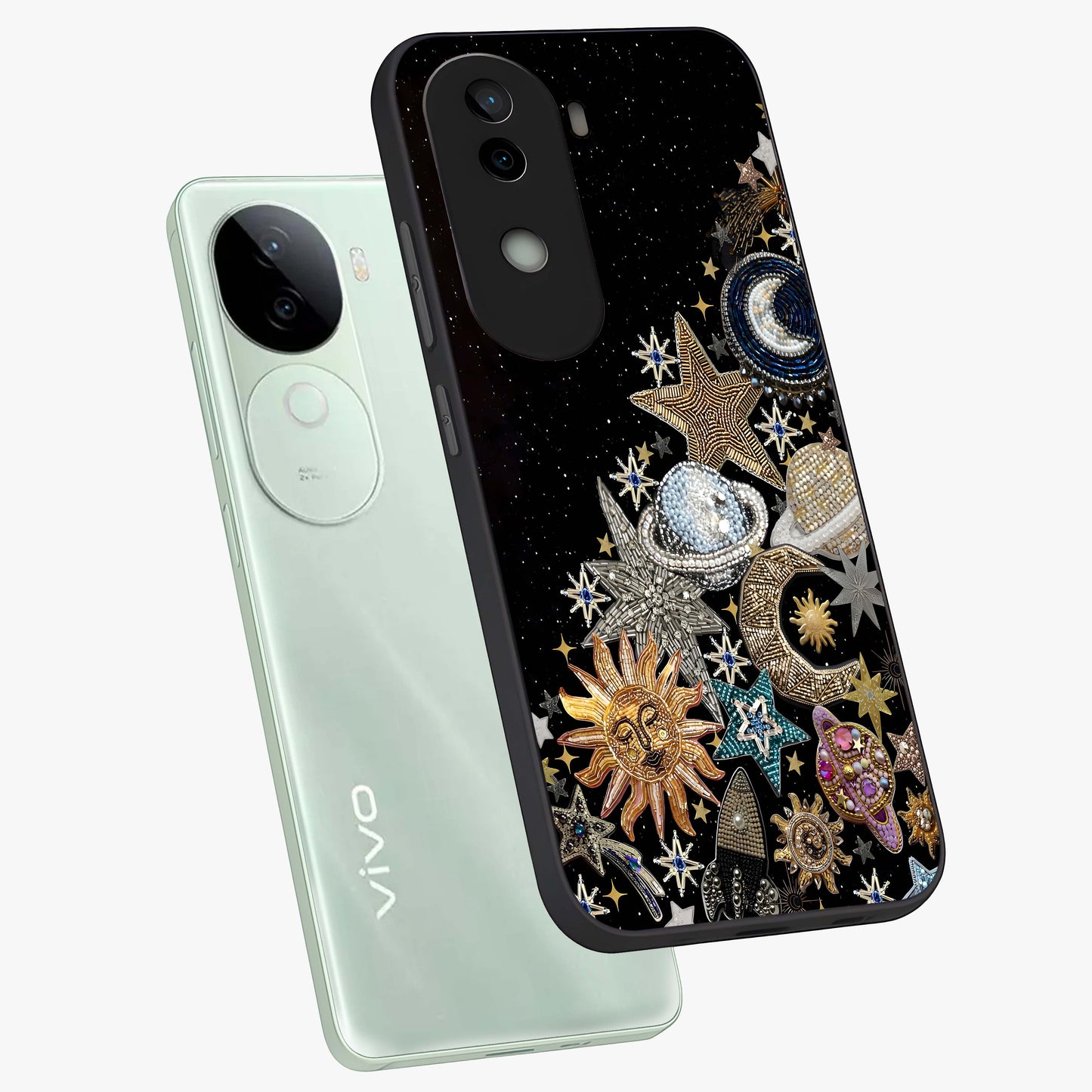 Cosmic Sparkle Dreams Glass Case displayed in angled mockup highlighting dreamy star sparkle design with celestial aesthetic.