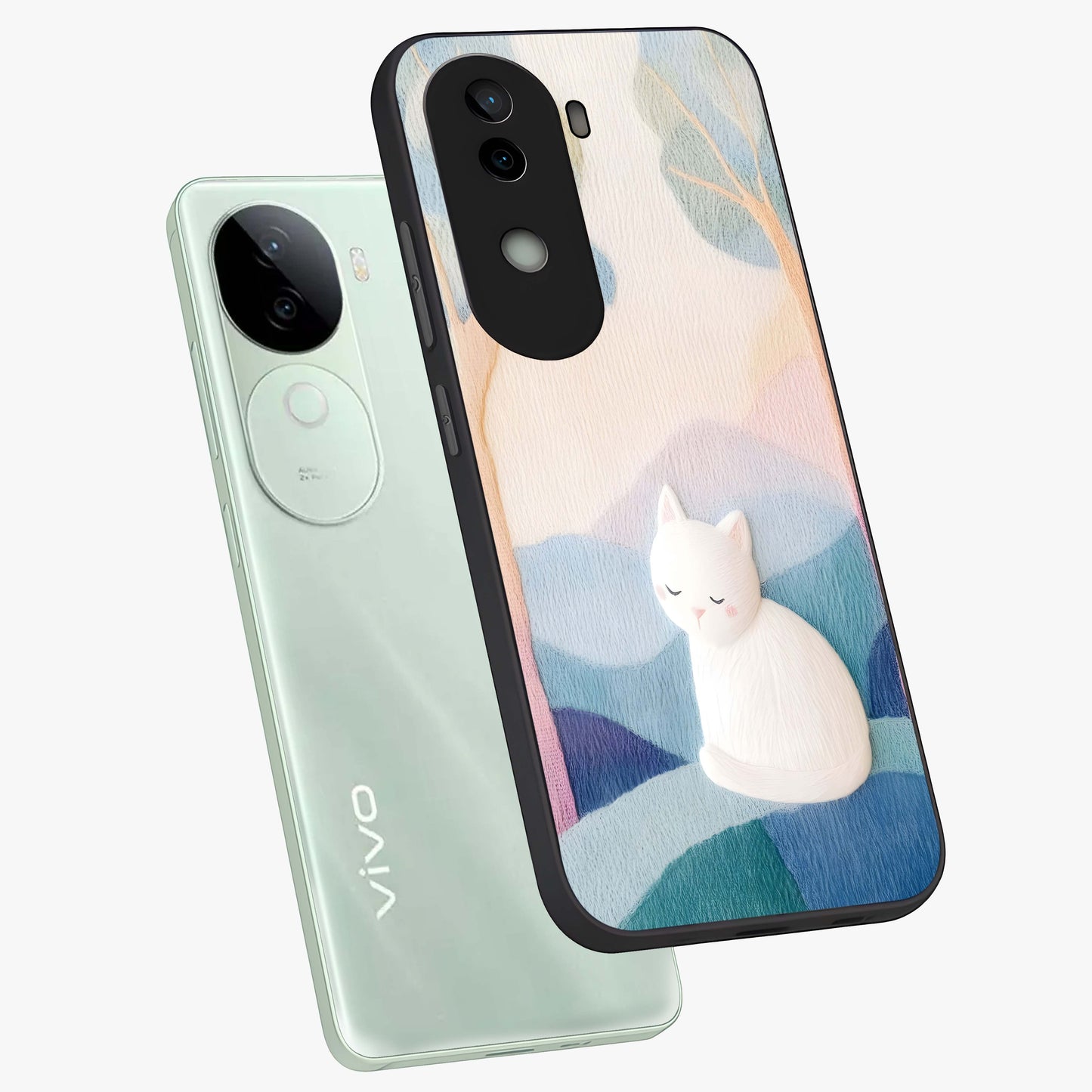 Cotton Dream Cat Glass Case displayed in angled mockup highlighting cute feline illustration with pastel aesthetic style.