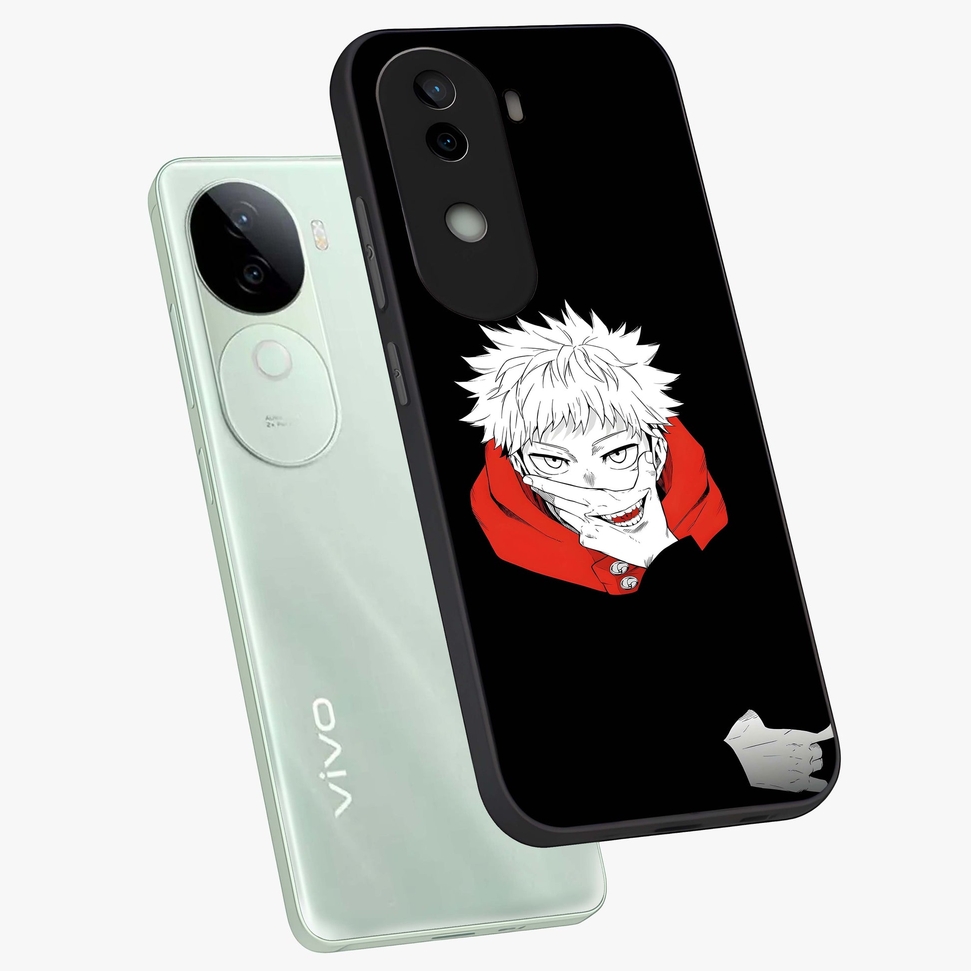 Crimson Chaos Smile Glass Case displayed in angled mockup highlighting edgy crimson smile design with graphic aesthetic.