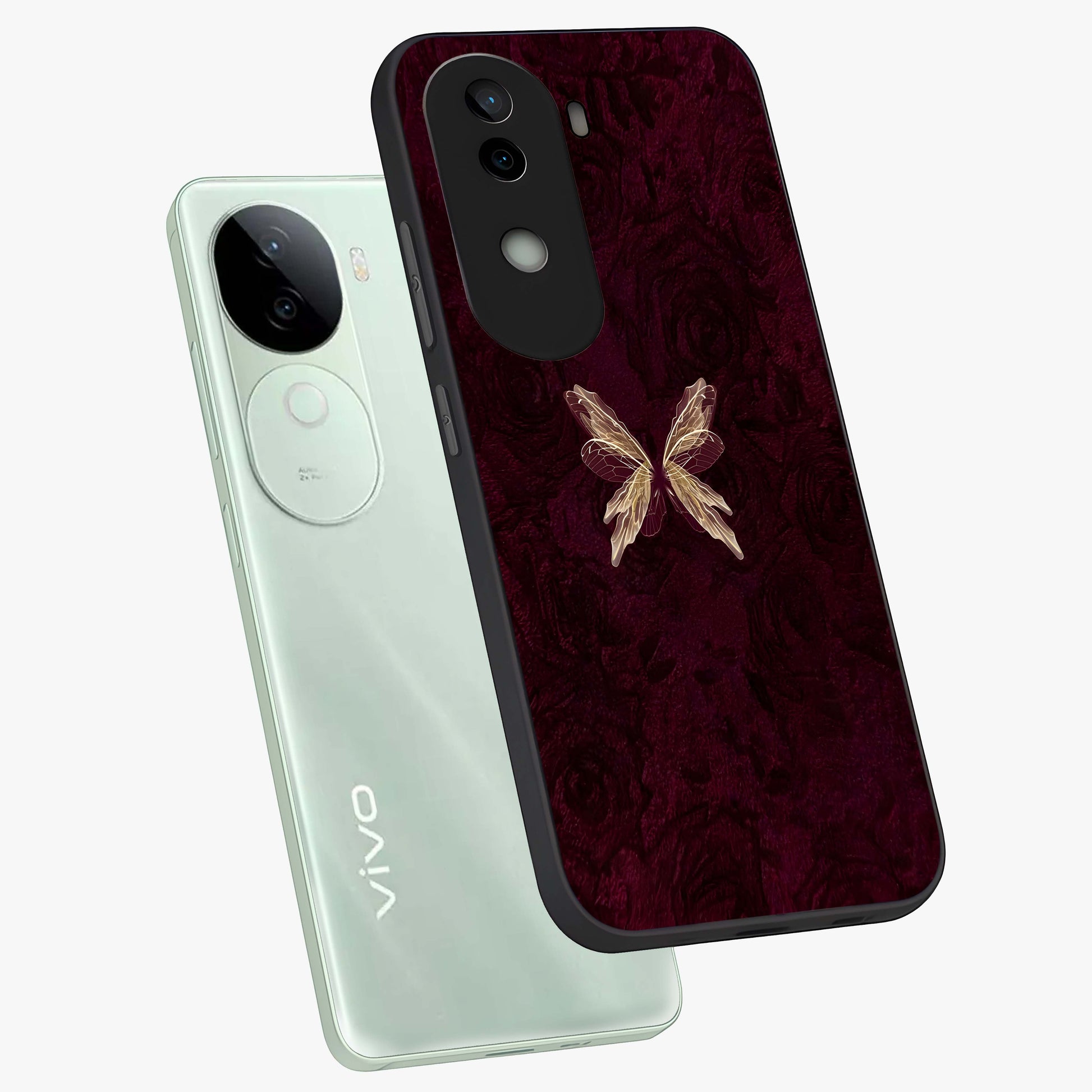 Crimson Fade Butterfly Glass Case displayed in angled mockup highlighting elegant butterfly design with crimson gradient aesthetic.