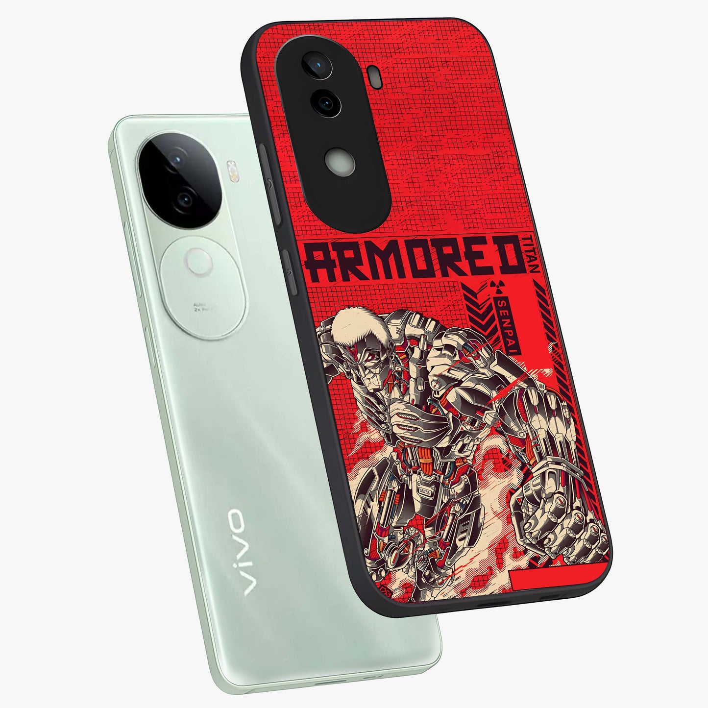 Crimson Mecha Titan Glass Case displayed in angled mockup highlighting futuristic mech illustration with bold crimson aesthetic.