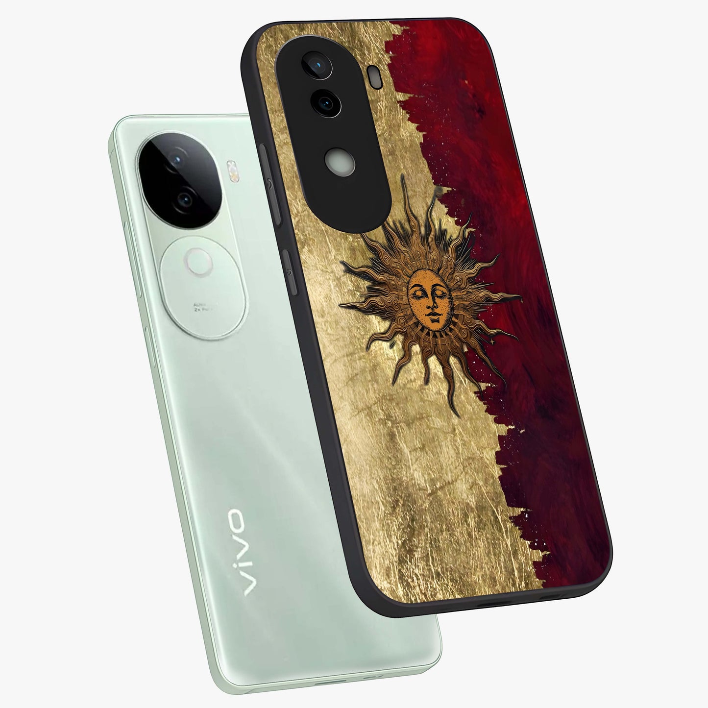 Crimson Sun Majesty Glass Case displayed in angled mockup highlighting majestic crimson sun design with bold aesthetic style.