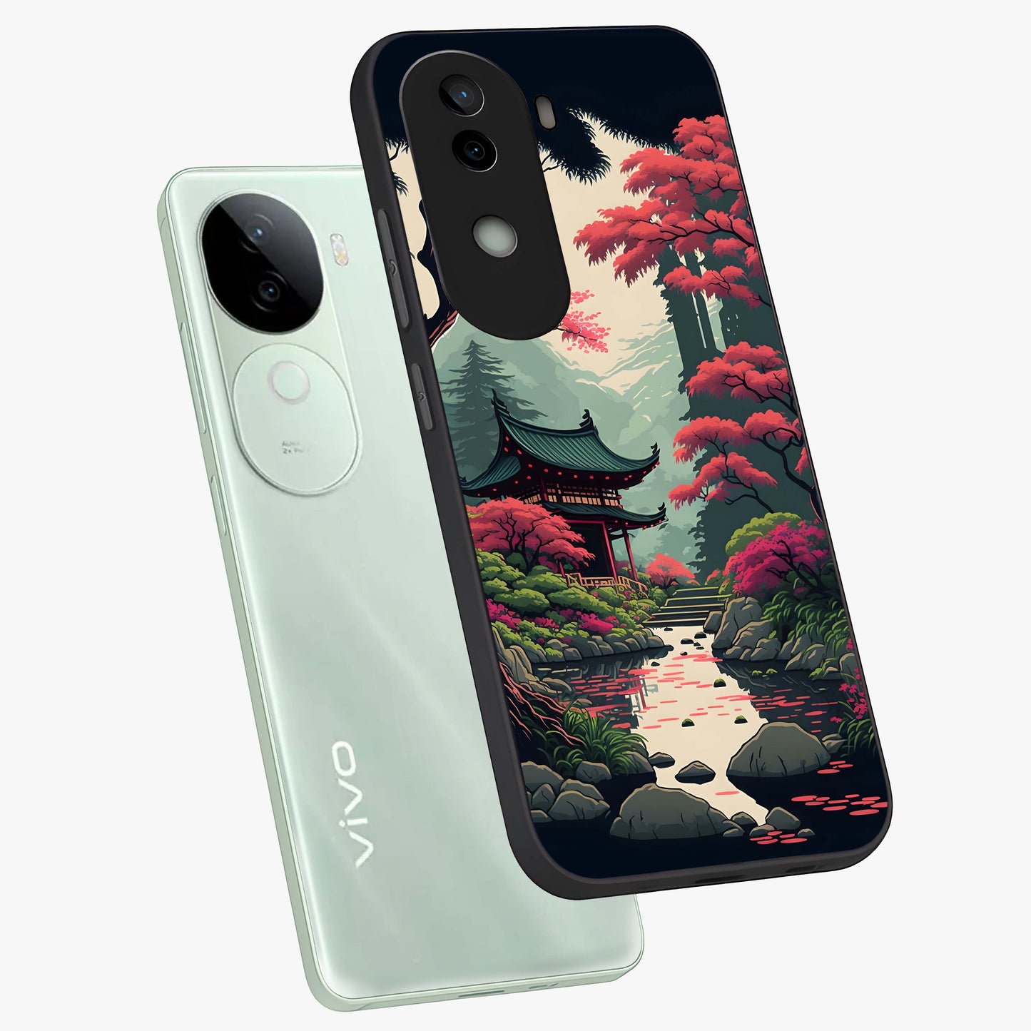 Crimson Temple View Glass Case displayed in angled mockup highlighting traditional temple illustration with crimson aesthetic.