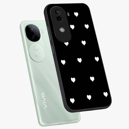 Cute And Simple White Hearts Glass Case displayed in angled mockup highlighting cute heart design with clean aesthetic style.