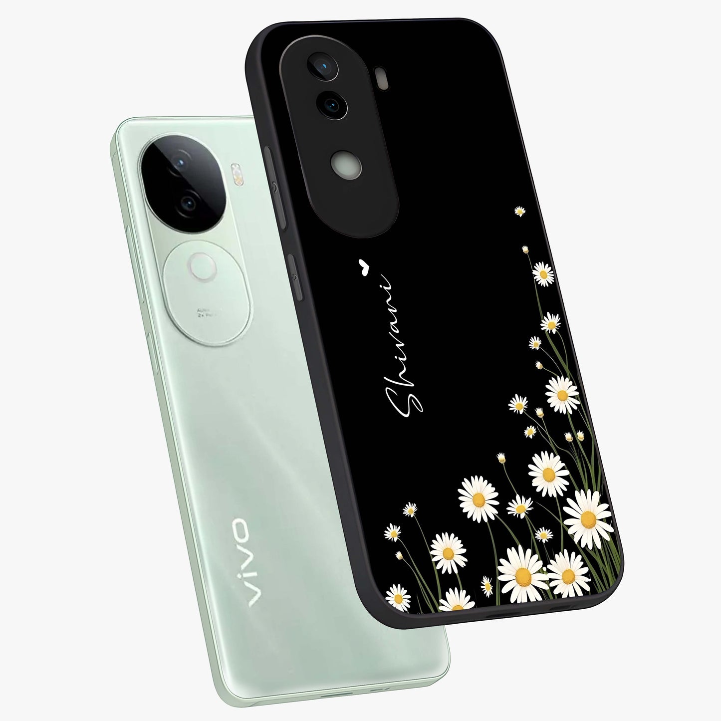 Daisy Cascade Custom Name Glass Case displayed in angled mockup highlighting delicate daisy artwork with custom name feature.
