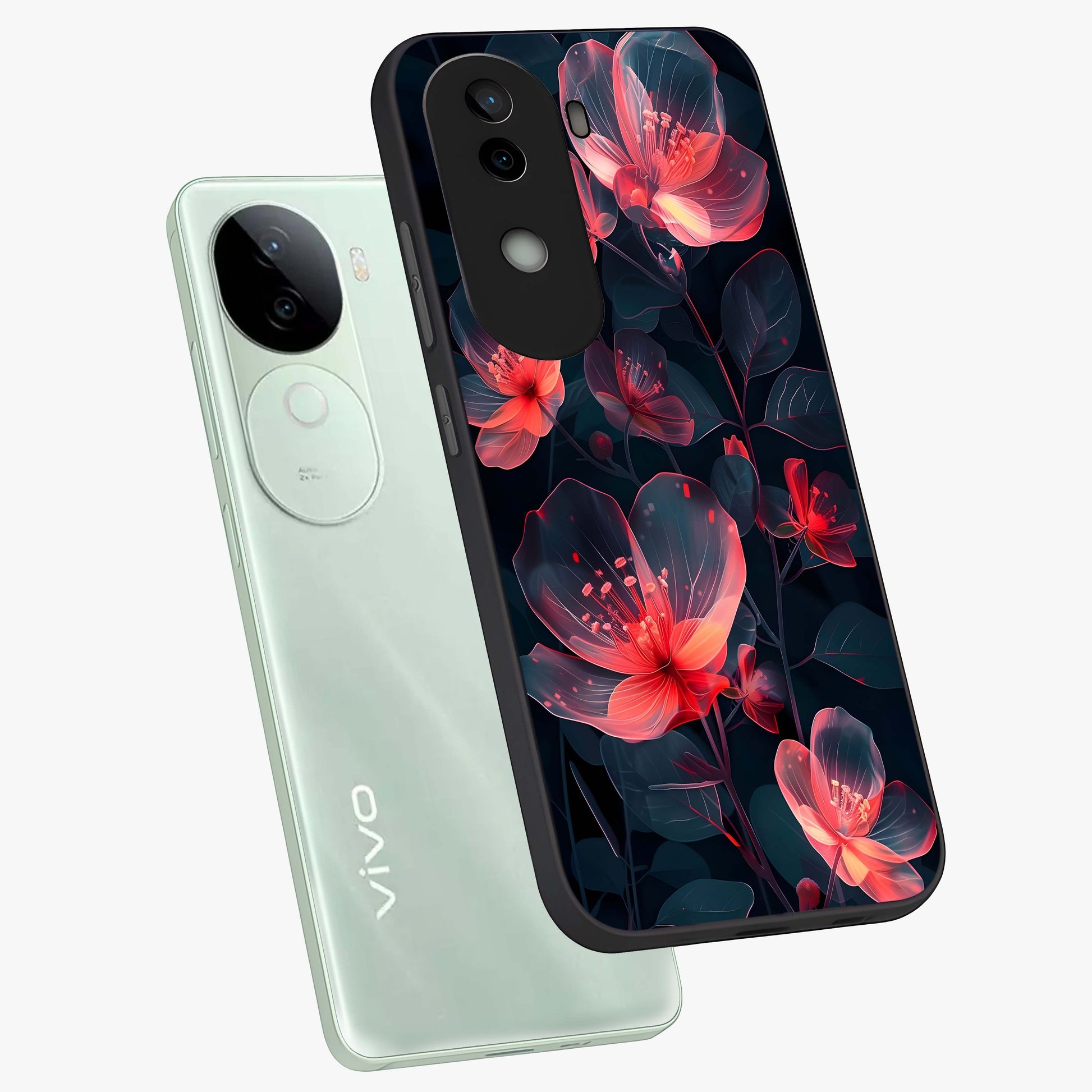 Dark Shade of Flower Glass Case displayed in angled mockup highlighting moody floral illustration with aesthetic dark tones.