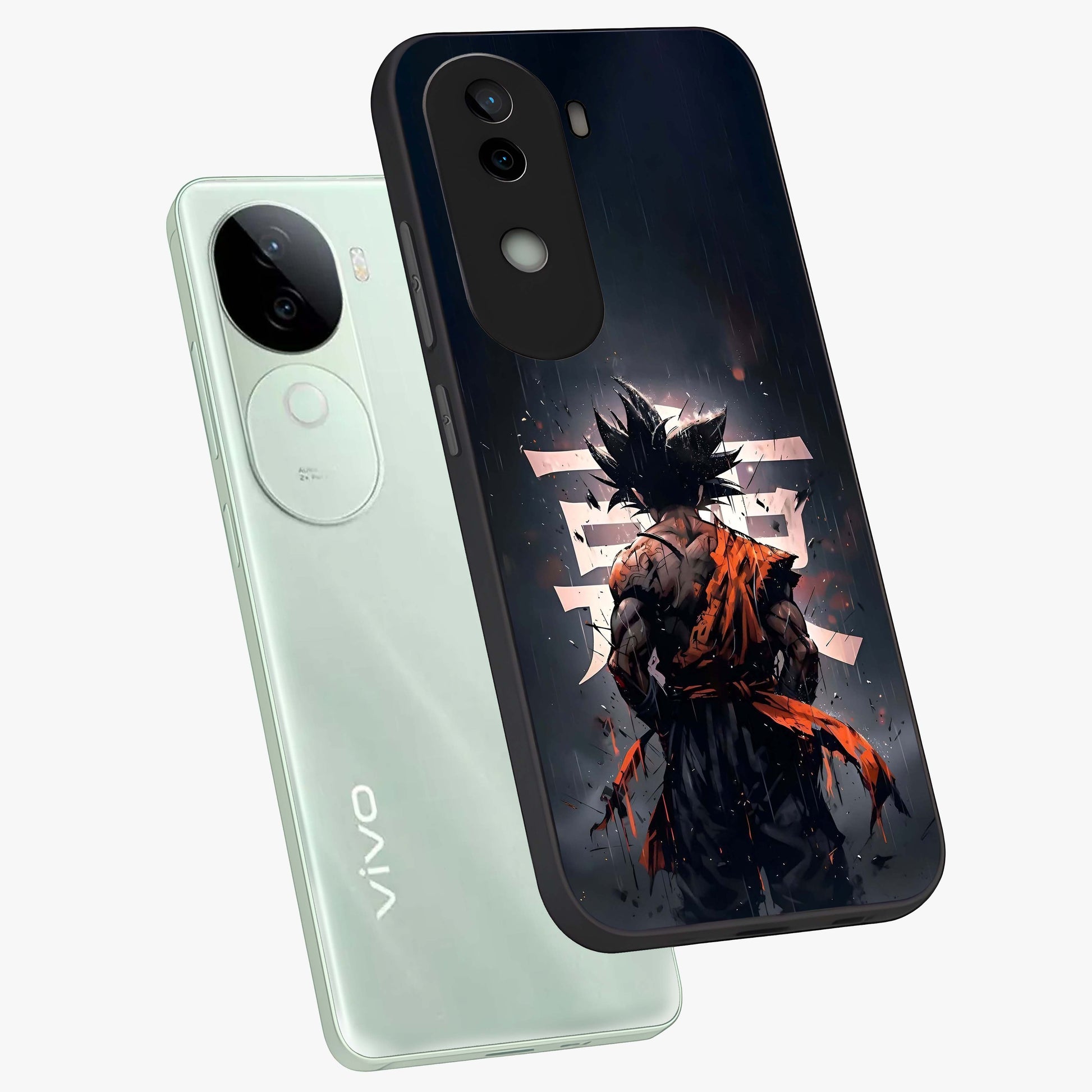 Dark Warrior In Rain Glass Case displayed in angled mockup highlighting dramatic warrior illustration with dark rain aesthetic.