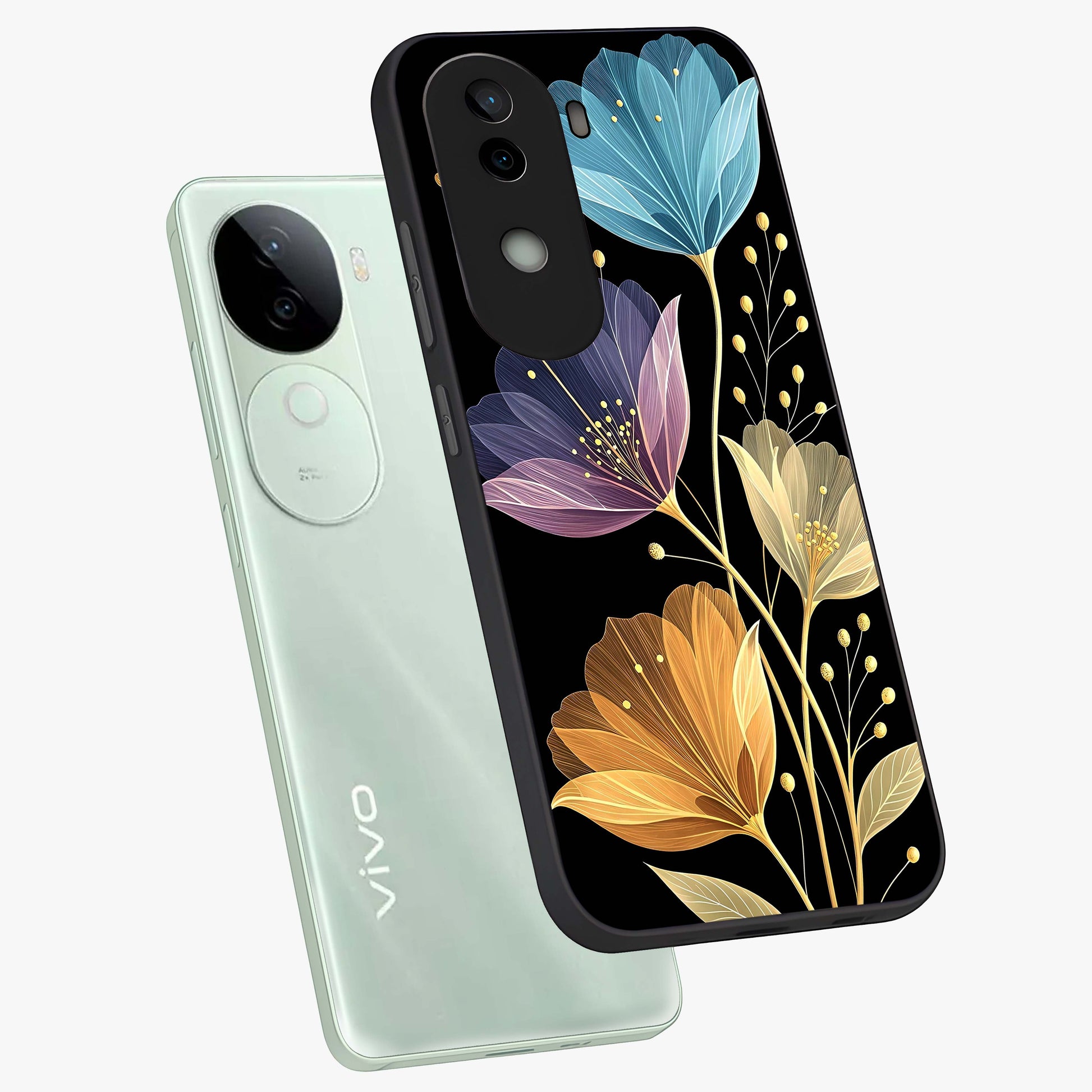 Delicate Multicolor Flowers Glass Case displayed in angled mockup highlighting colorful flower pattern with soft aesthetic style.