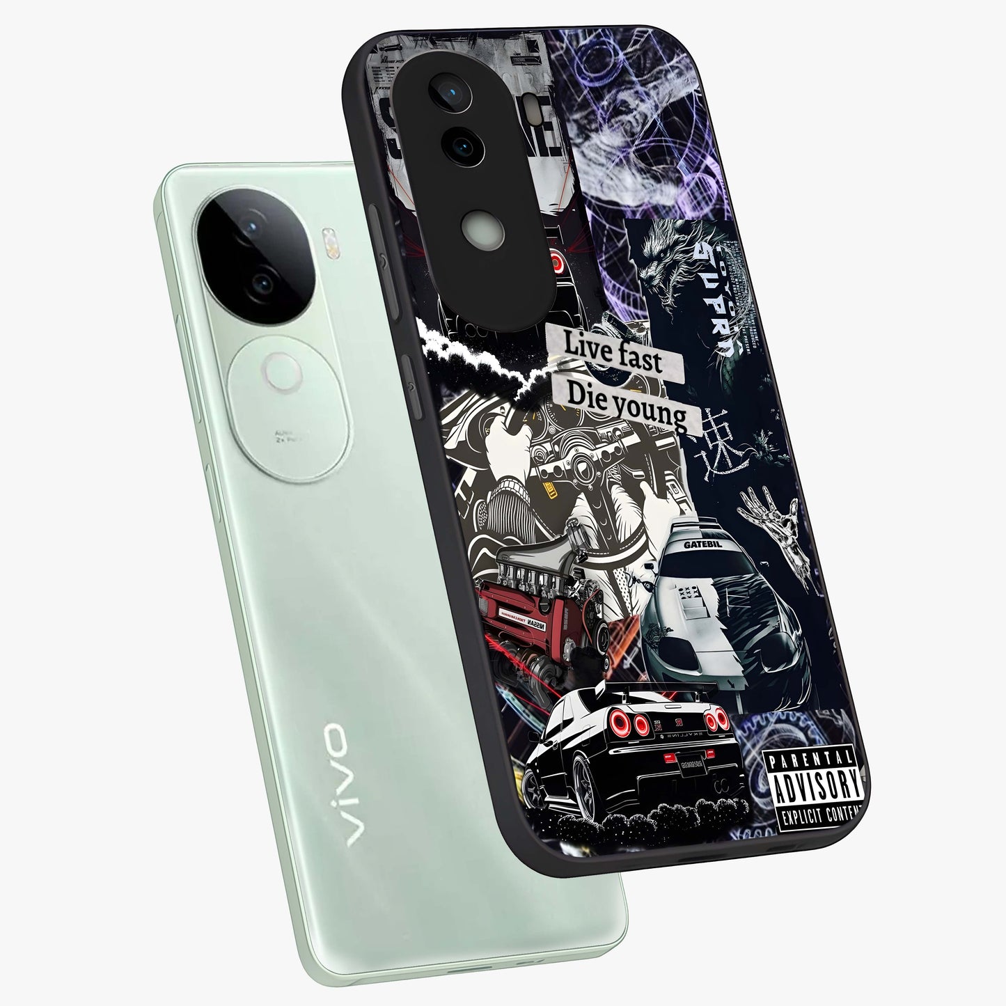 Die Young Glass Case displayed in angled mockup highlighting expressive graphic artwork with edgy aesthetic style.