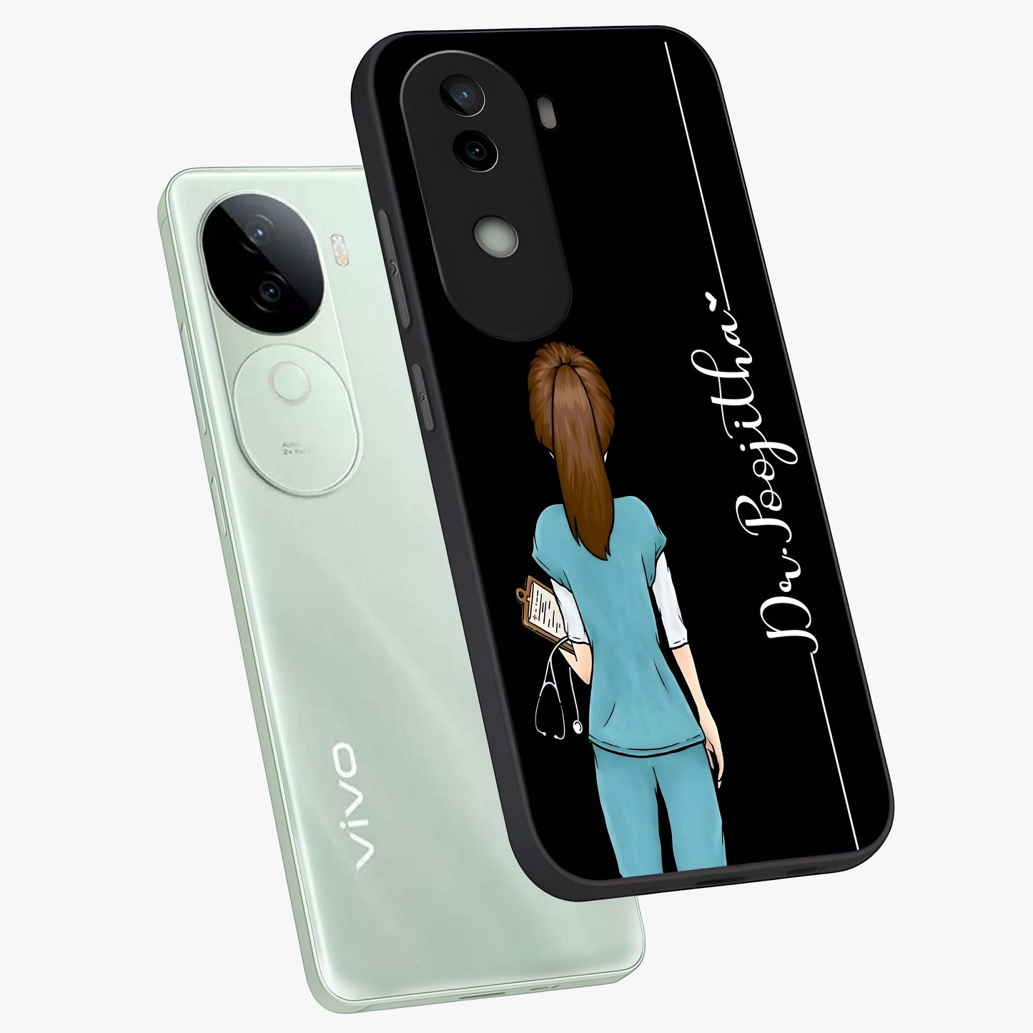 Doctor Pattern Custom Name Glass Case displayed in angled mockup highlighting doctor inspired artwork with custom name feature.