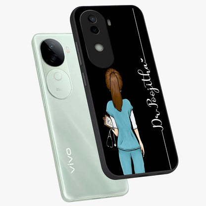 Doctor Pattern Custom Name Glass Case displayed in angled mockup highlighting doctor inspired artwork with custom name feature.