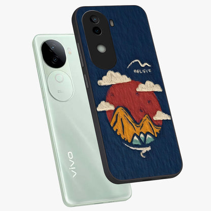 Dream Beyond Mountains Glass Case displayed in angled mockup highlighting dreamy mountain illustration with peaceful aesthetic.