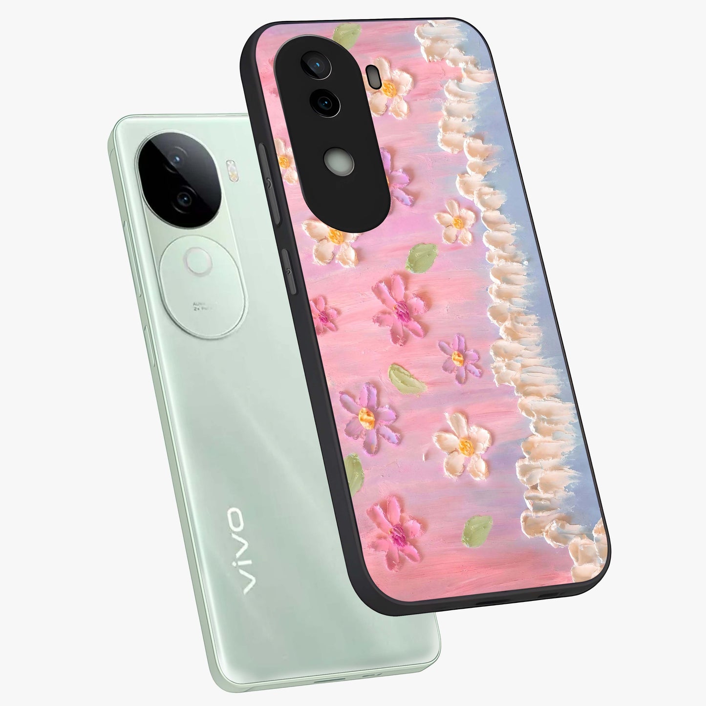 Dreamy Painted Garden Glass Case displayed in angled mockup highlighting colorful garden illustration with dreamy aesthetic style.